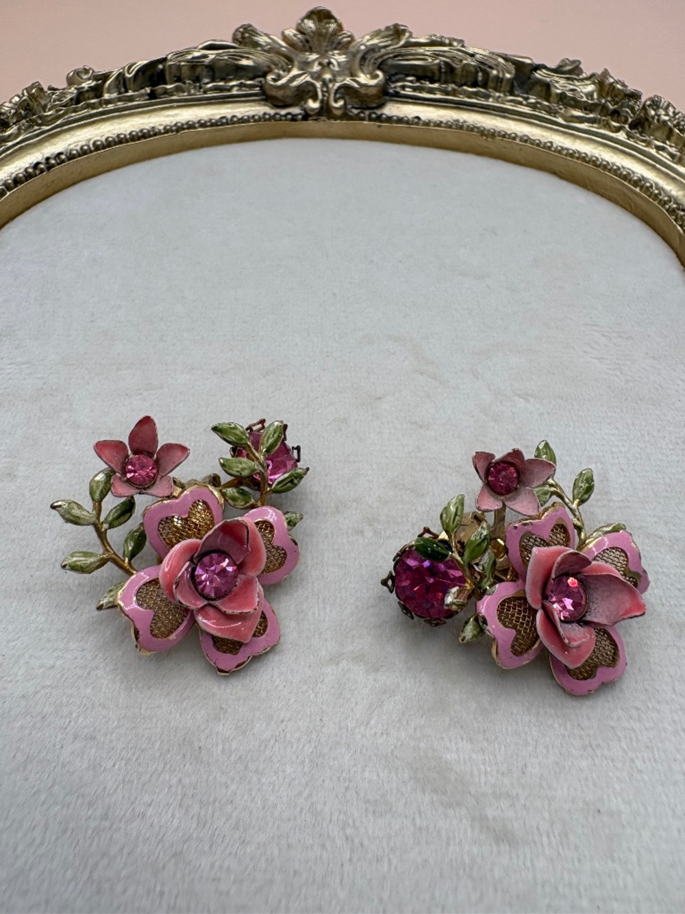 Vintage Lisner Pink Floral Clip-On Statement Earrings Mid-Century
